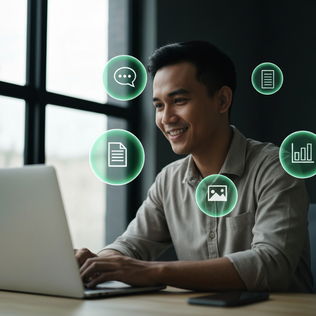 Profesional bekerja ditemani tim AI — chat, konten, gambar, dan analitik otomatis